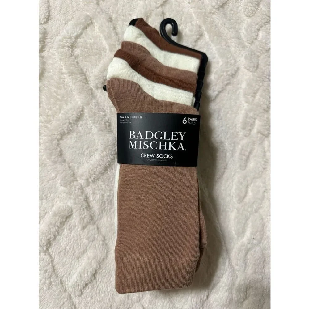 Badgley Mischka 6 pack crew socks neutral brown ivory colors